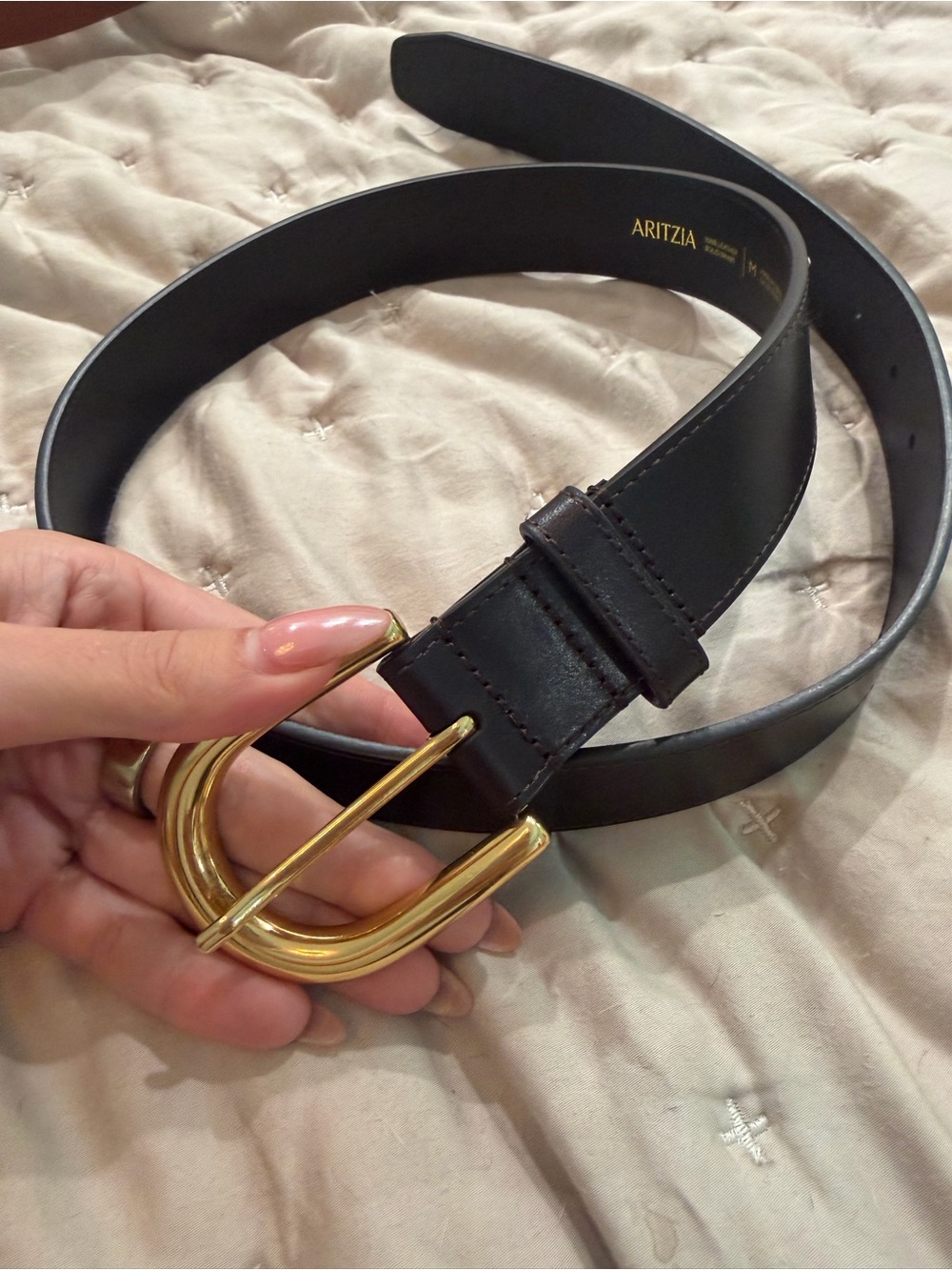 Aritzia Very Dark Brown Leather Belt with Gold Buckle